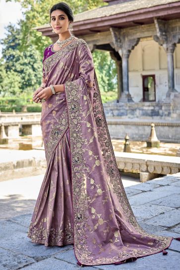 Engaging Purple Color Silk Saree With Heavy Embroidered Blouse