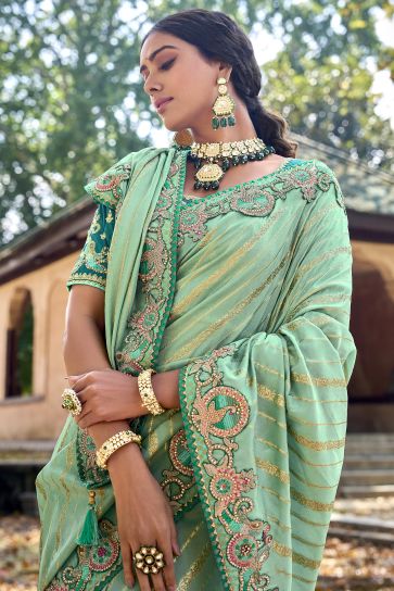 Superb Sea Green Color Silk Saree With Heavy Embroidered Blouse