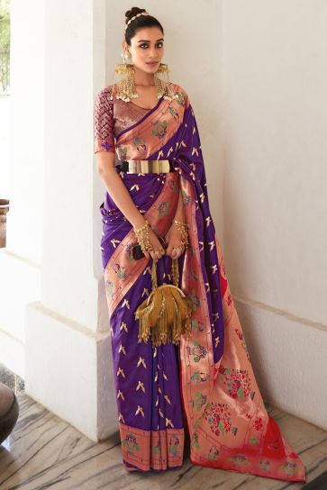 Blazing Purple Color Weaving Work Art Silk Saree