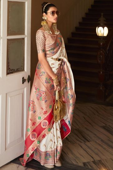 Alluring Off White Color Weaving Work Art Silk Saree