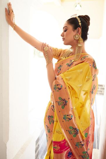 Appealing Weaving Work Art Silk Yellow Color Saree