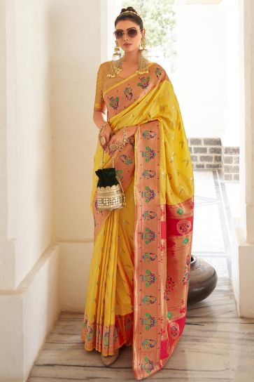 Appealing Weaving Work Art Silk Yellow Color Saree