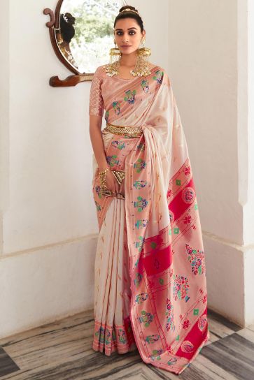 Dazzling Beige Color Weaving Work Art Silk Saree