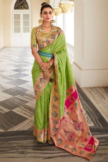 Marvelous Art Silk Weaving Work Green Color Saree