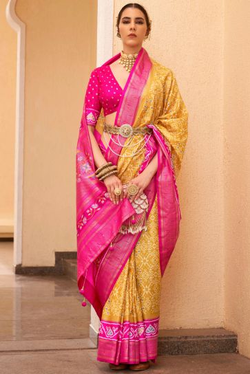 Festive Wear Patola Silk Yellow Printed Saree