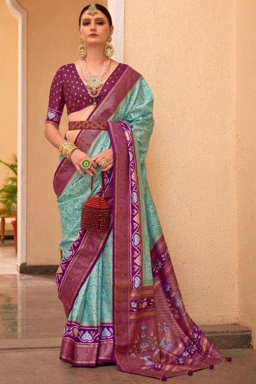 Adorable Sea Green Color Function Wear Patola Silk Design Printed Saree
