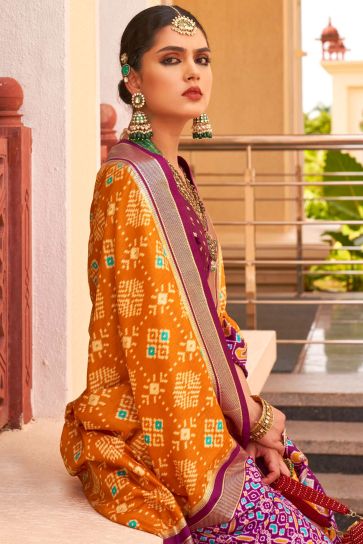 Orange Color Printed Function Wear Patola Silk Saree