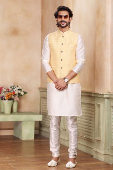 Jacquard Art Silk Fabric Beige Color Readymade Men Stylish Kurta Pyjama With Nehru Jacket set 