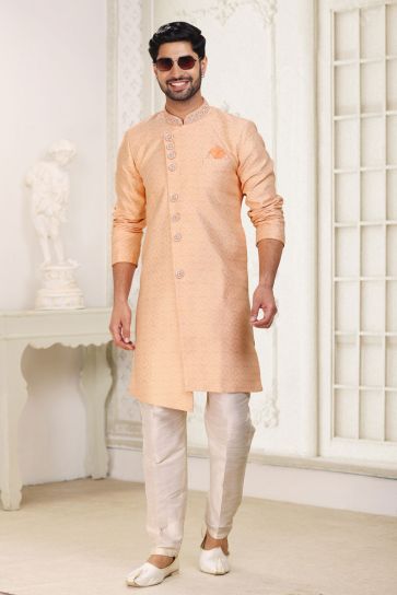 Peach Readymade Glamorous Indo Western For Men In Jacquard Fabric