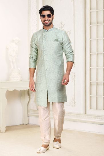Light Cyan Jacquard Fabric Graceful Readymade Men Indo Western For Wedding Wear