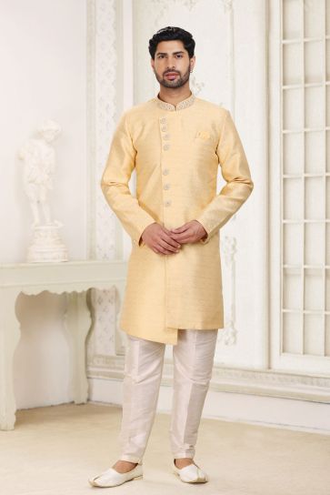 Yellow Jacquard Fabric Magnificent Readymade Men Indo Western For Wedding Wear