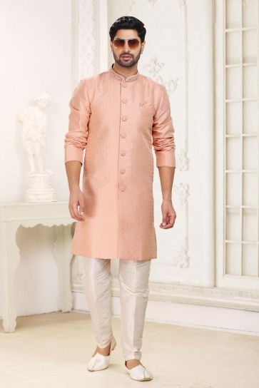 Jacquard Pink Magnificent Readymade Men Indo Western For Wedding Wear