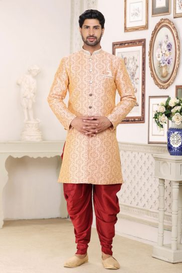 Jacquard Fabric Designer Readymade Indo Western For Men In Peach Color