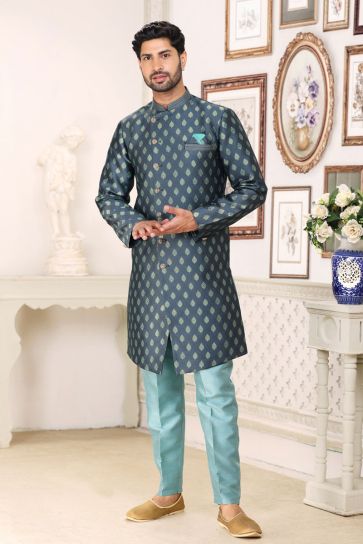 Jacquard Fabric Designer Readymade Indo Western For Men In Navy Blue Color
