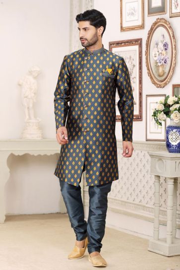 Grey Color Jacquard Fabric Readymade Indo Western For Men