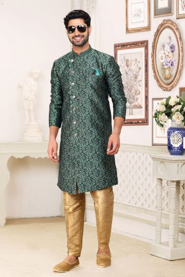 Jacquard Dark Green Color Readymade Designer Men Indo Western