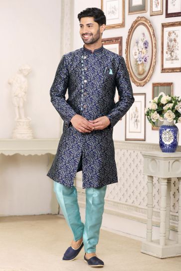 Blue Gorgeous Jacquard Fabric Readymade Indo Western For Men
