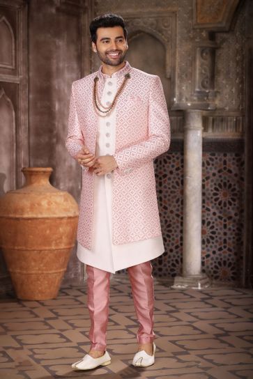 Art Silk Fabric Pink Color Designer Readymade Indo Western For Men