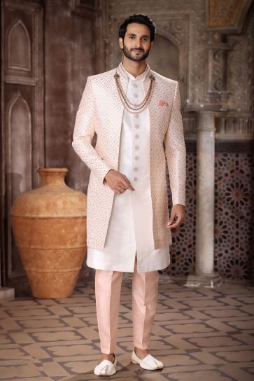  Cream Color Art Silk Fabric Designer Readymade Indo Western For Men