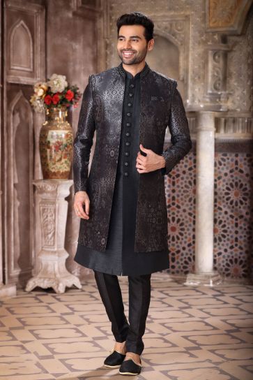 Black Color Art Silk Fabric Readymade Indo Western For Men