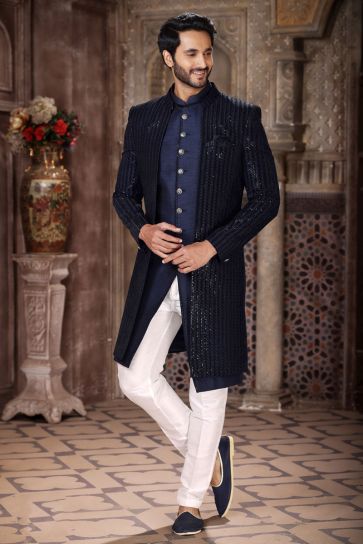 Velvet And Art Silk Fabric Navy Blue Color Readymade Men Stylish Indo Western