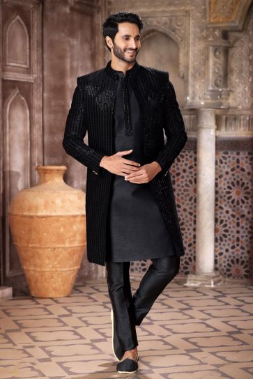 Black Velvet And Art Silk Fabric Trendy Readymade Indo Western For Men