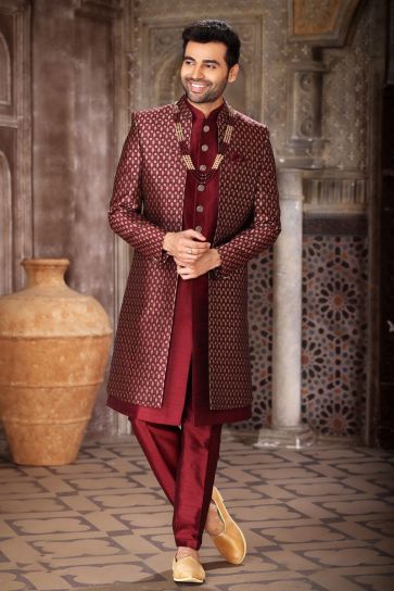 Jacquard Art Silk Maroon Color Readymade Designer Men Indo Western