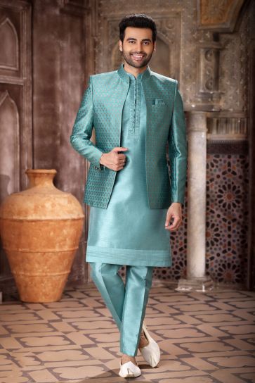 Jacquard Art Silk Stunning Cyan Color Readymade Men Indo Western