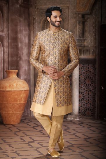 Pretty Art Silk Fabric Readymade Men Indo Western In Cream Color