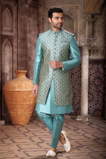 Beautiful Cyan Color Readymade Indo Western For Men In Art Silk Fabric