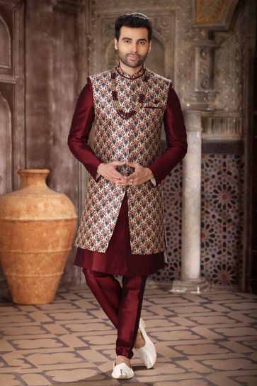 Art Silk Attractive Readymade Men Indo Western In Maroon Color