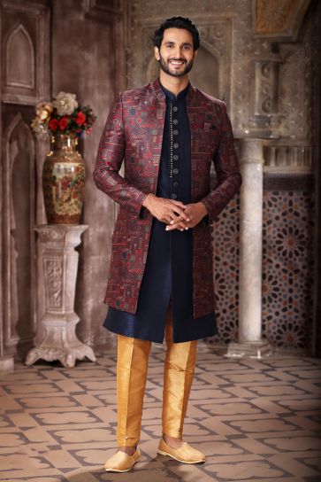 Maroon And Navy Blue Readymade Glamorous Indo Western For Men In Art Silk Fabric