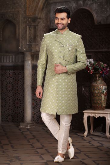 Jacquard Olive Readymade Lovely Indo Western For Men