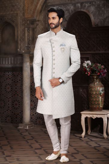 Off White Color Jacquard Fabric Designer Readymade Indo Western For Men