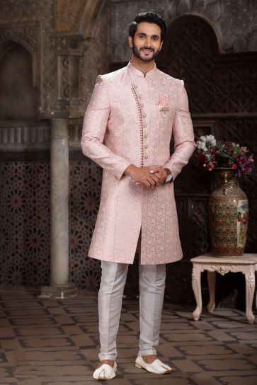 Jacquard Fabric Pink Color Designer Readymade Indo Western For Men