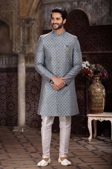 Jacquard Fabric Designer Readymade Indo Western For Men In Grey Color