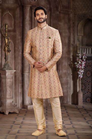 Cream Art Silk Fabric Wedding Wear Trendy Readymade Indo Western For Men