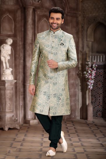 Art Silk Sea Green Color Wedding Wear Readymade Designer Men Indo Western