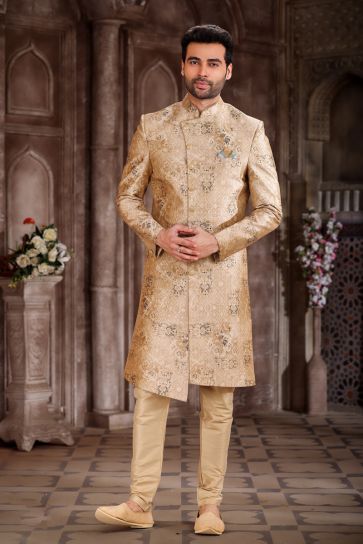 Art Silk Stunning Cream Color Wedding Wear Readymade Men Indo Western