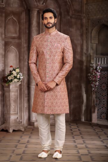 Art Silk Pink Wedding Wear Readymade Lovely Indo Western For Men