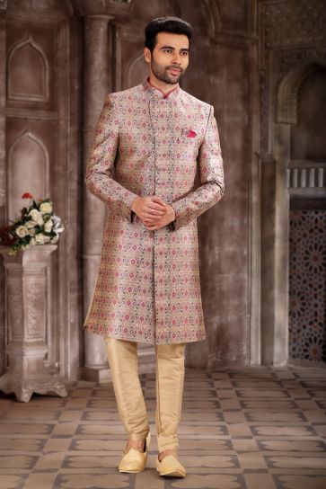 Beautiful Peach Color Wedding Wear Readymade Indo Western For Men In Art Silk Fabric