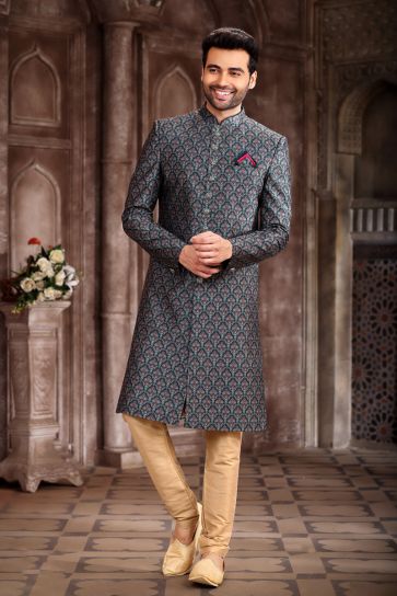 Teal Wedding Wear Readymade Glamorous Indo Western For Men In Art Silk Fabric