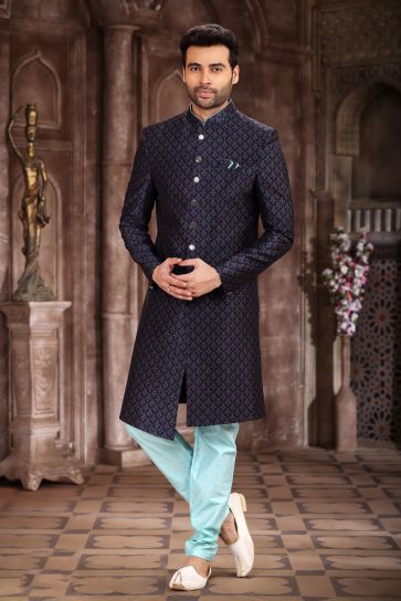 Navy Blue Art Silk Fabric Magnificent Readymade Men Indo Western For Wedding Wear