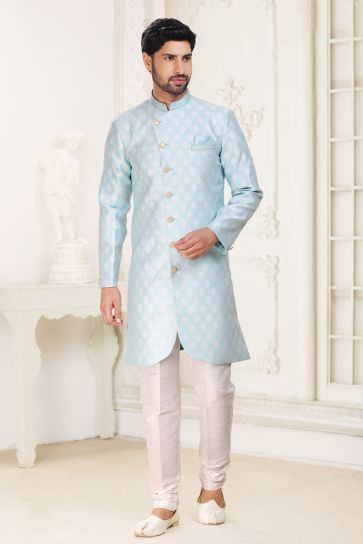 Banarasi Jacquard Stunning Sky Blue Color Wedding Wear Readymade Men Indo Western