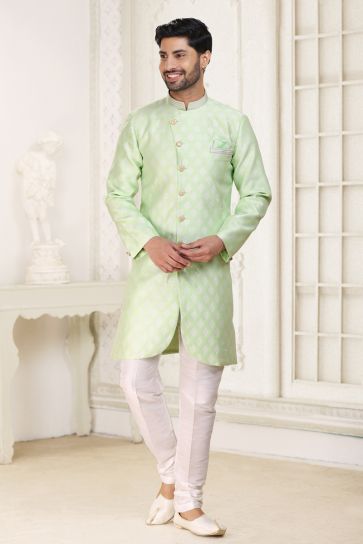 Banarasi Jacquard Sea Green Wedding Wear Readymade Lovely Indo Western For Men
