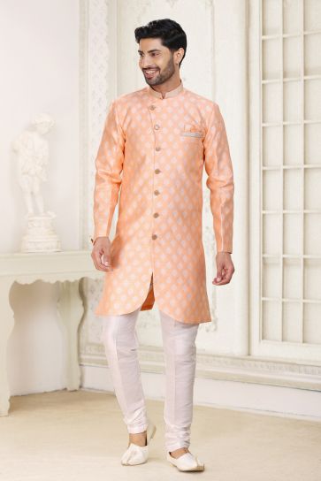 Pretty Banarasi Jacquard Fabric Wedding Wear Readymade Men Indo Western In Peach Color