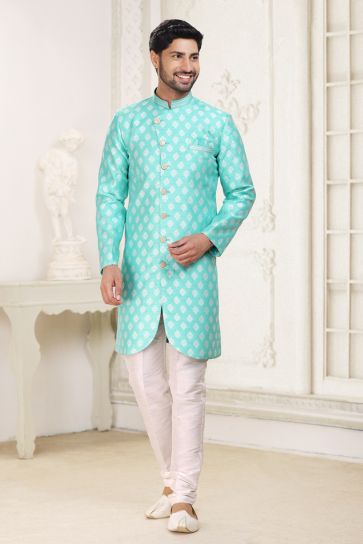 Beautiful Cyan Color Wedding Wear Readymade Indo Western For Men In Banarasi Jacquard Fabric