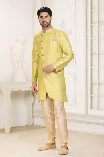 Banarasi Jacquard Wedding Wear Attractive Readymade Men Indo Western In Yellow Color