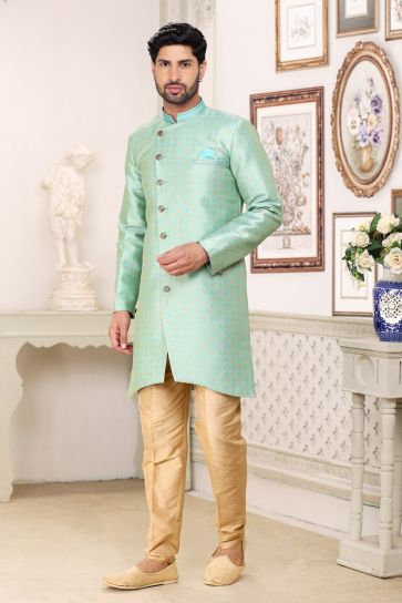 Light Cyan Wedding Wear Readymade Glamorous Indo Western For Men In Banarasi Jacquard Fabric