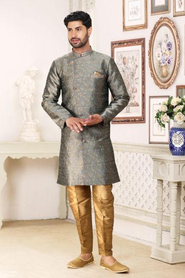 Grey Banarasi Jacquard Fabric Magnificent Readymade Men Indo Western For Wedding Wear
